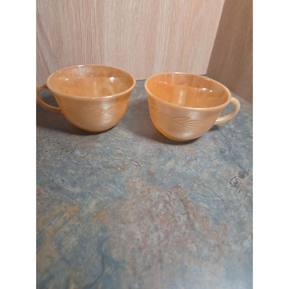 Two Vintage Fire King Peach Luster Tea Cups USA Laurel Leaf Three Bands 1960s